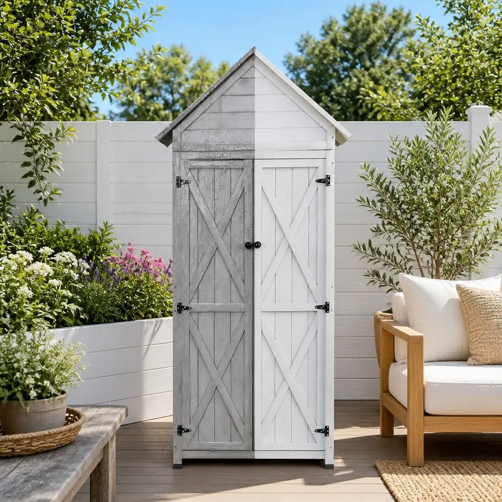 Outdoor Storage Cabinet Grey Lockable Tool Organizer 3-Tier with Adjustable Shelves