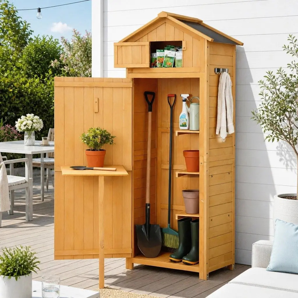 Outdoor Storage Cabinet with Lockable Compartment and Foldable Work Table
