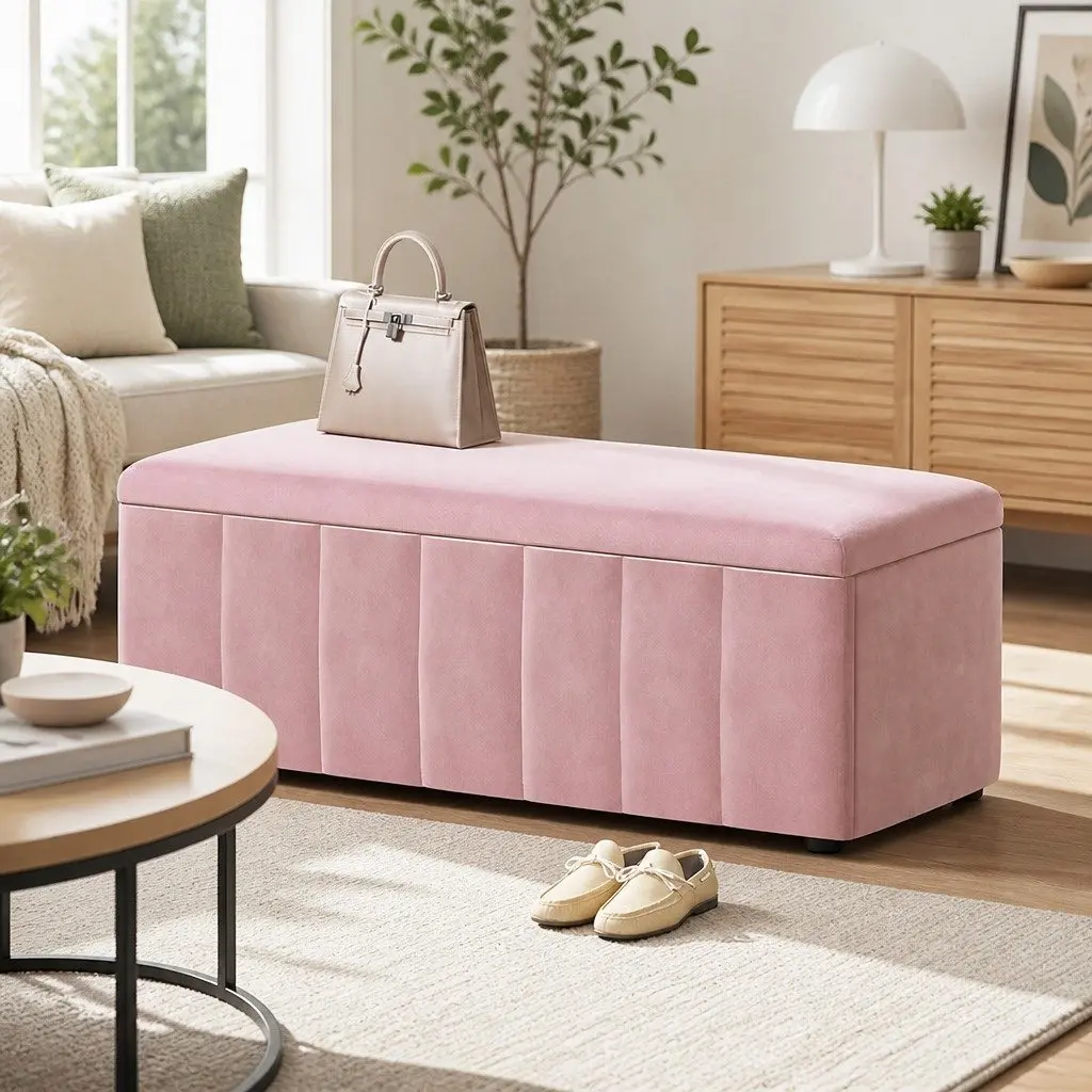 Storage Ottoman 103cm Pink Velvet Lift Top Bench Furniture