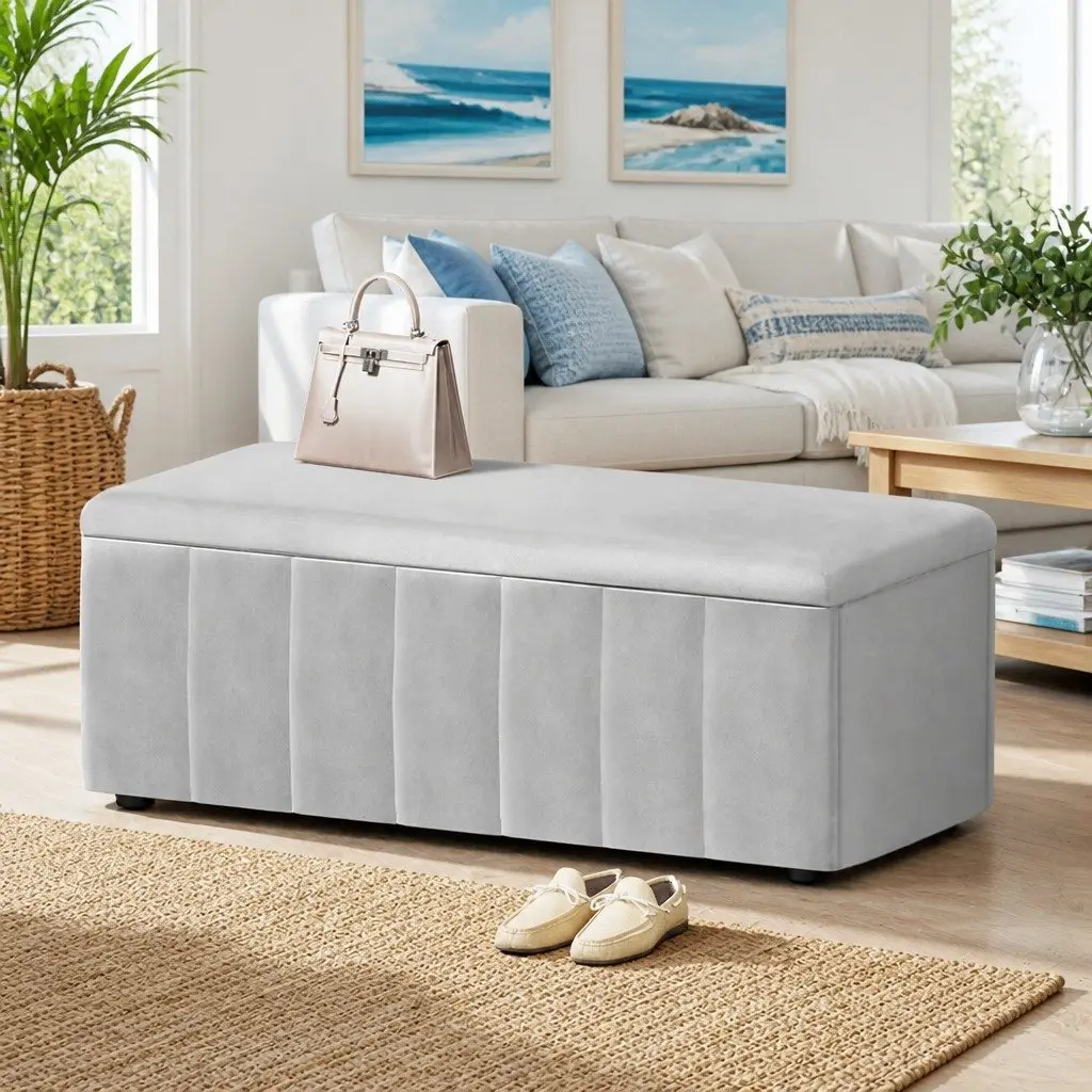 Storage Ottoman 103cm Velvet Grey Upholstered Seat with Spacious Internal Storage
