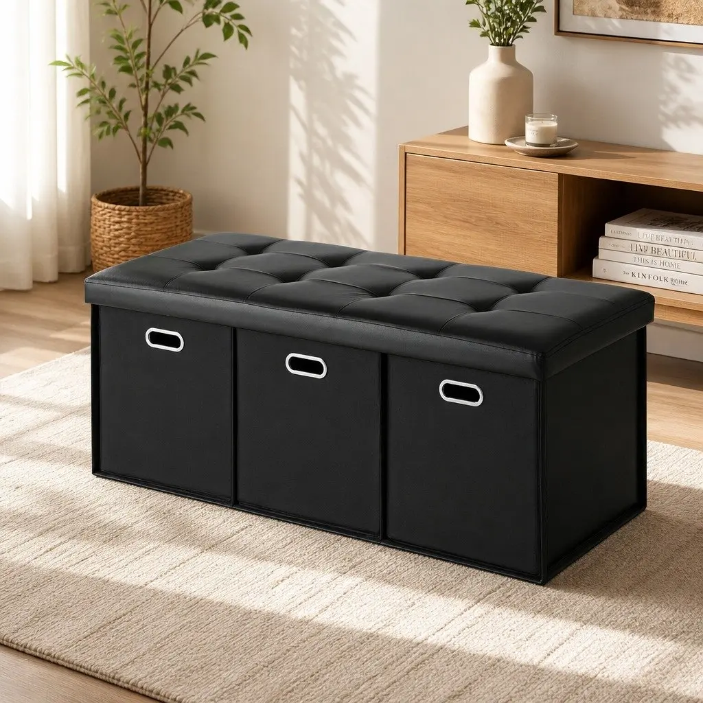 Storage Ottoman Footstool with 3 Cube Drawers Foldable Seat Rest Black