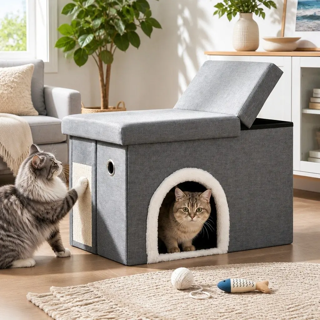 Storage Ottoman 64cm Foldable Grey Cat Litter Box Enclosure with Scratch Pad