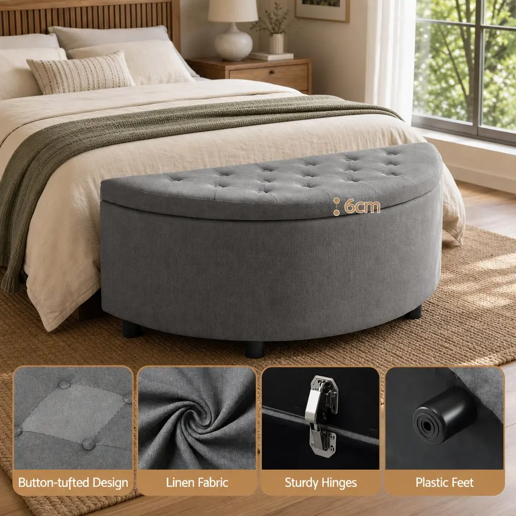 Storage Ottoman Bench Half Round Tufted Upholstered with Hidden Storage Space