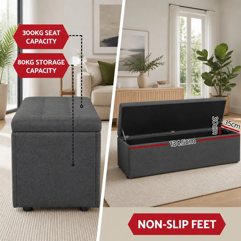 Storage Ottoman 140cm Dark Grey Linen Lift-Up Lid Multifunctional Seating