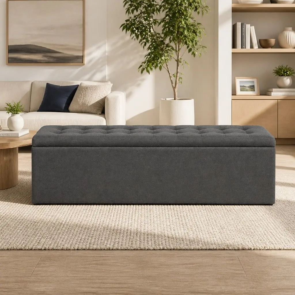 Storage Ottoman 140cm Dark Grey Linen Lift-Up Lid Multifunctional Seating