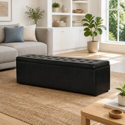 Multi-Functional Black Faux Leather Storage Ottoman 140cm