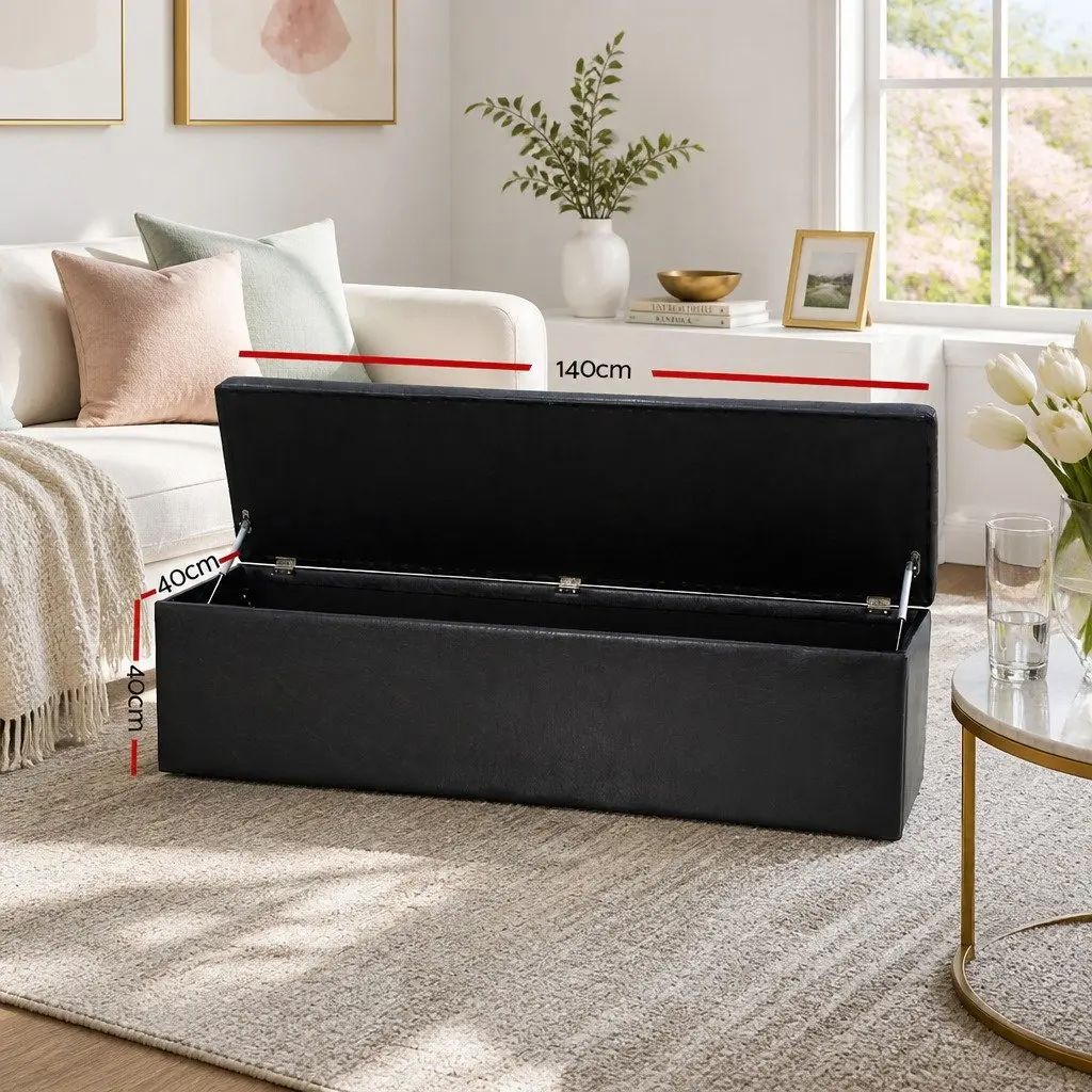 Storage Ottoman 140cm Black Faux Leather Lift-Up Lid Footstool
