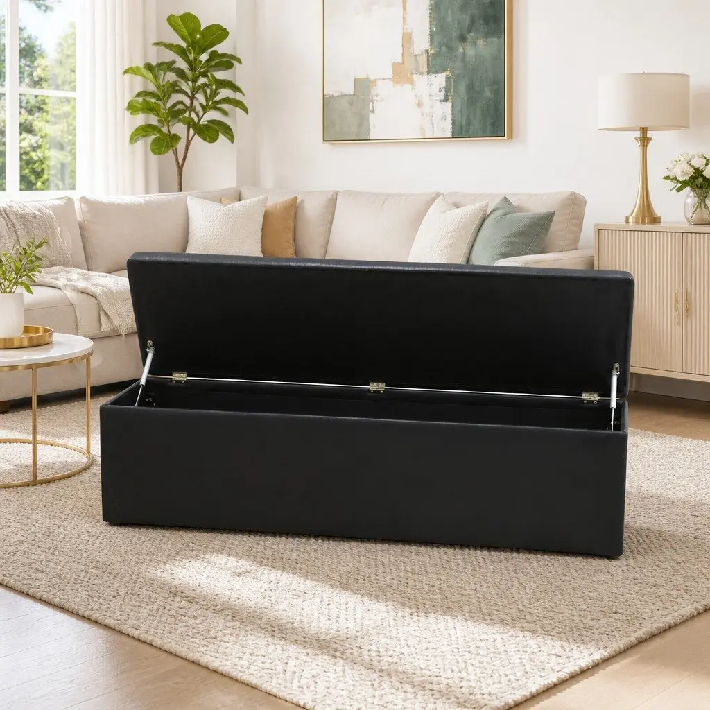Storage Ottoman 140cm Black Faux Leather Lift-Up Lid Footstool