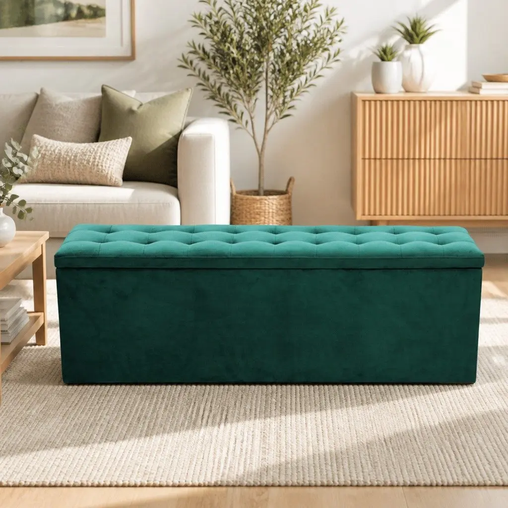 Storage Ottoman 140cm Green Velvet Lift-Up Lid Footstool Seat