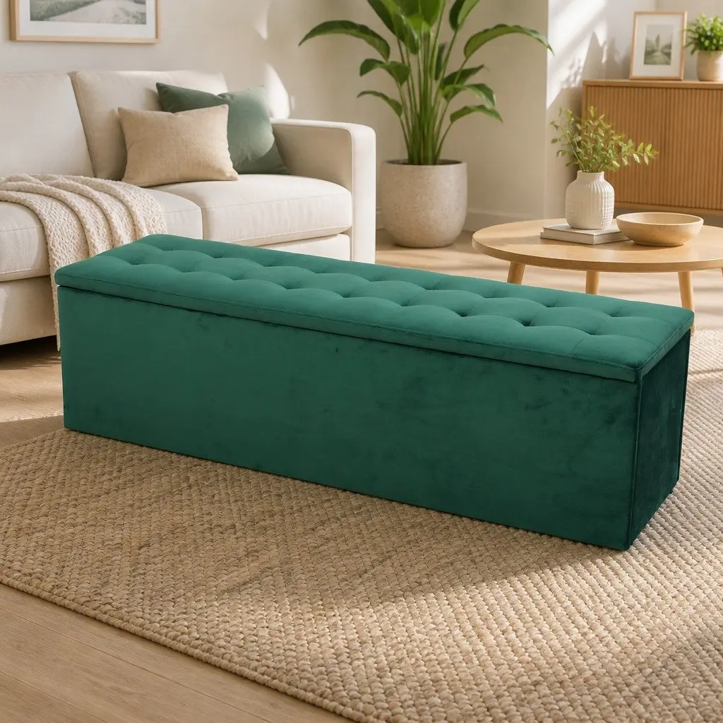 Storage Ottoman 140cm Green Velvet Lift-Up Lid Footstool Seat