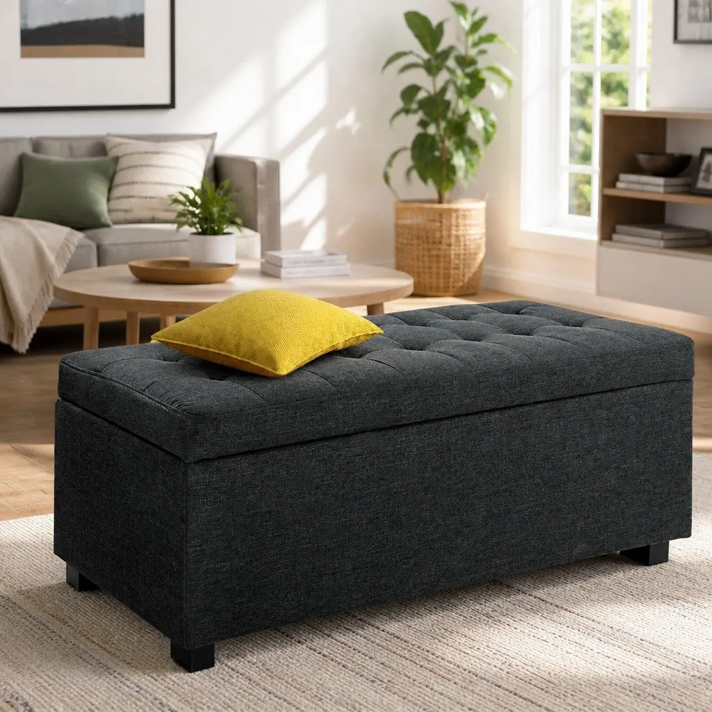 Storage Ottoman Blanket Box 97cm Charcoal Faux Linen Lift-Up Lid Home Furniture