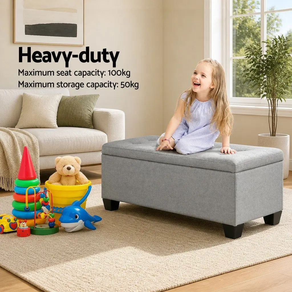 Storage Ottoman 97cm Light Grey Linen Lift-up Lid Cushioned Top