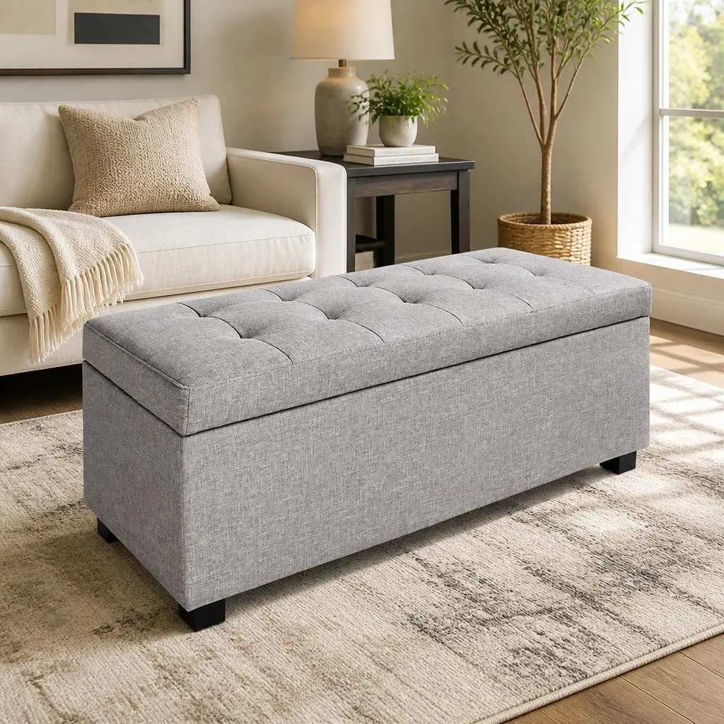 Storage Ottoman 97cm Light Grey Linen Lift-up Lid Cushioned Top