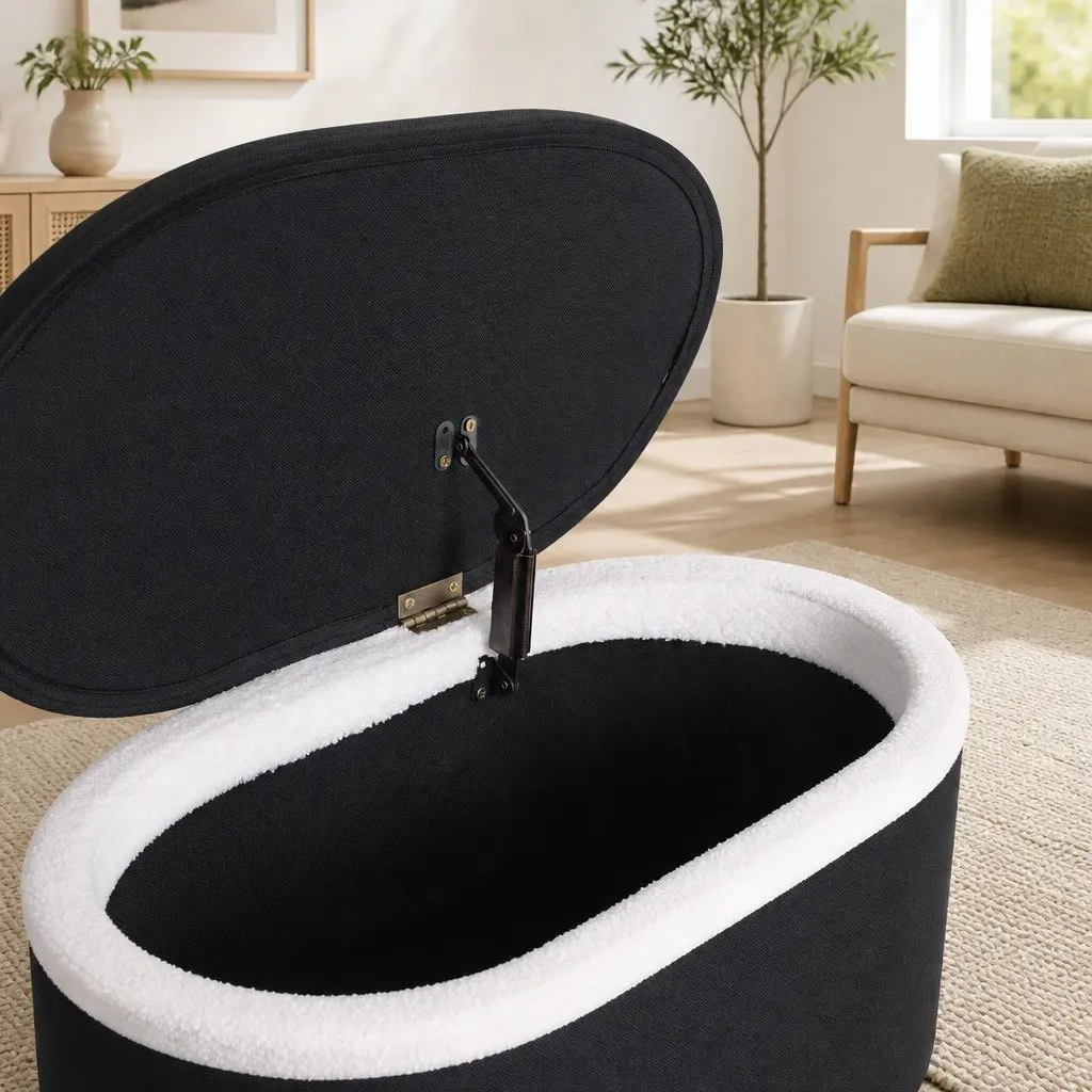 Storage Ottoman 87cm Oval Boucle Upholstered Hinged Lid Footstool