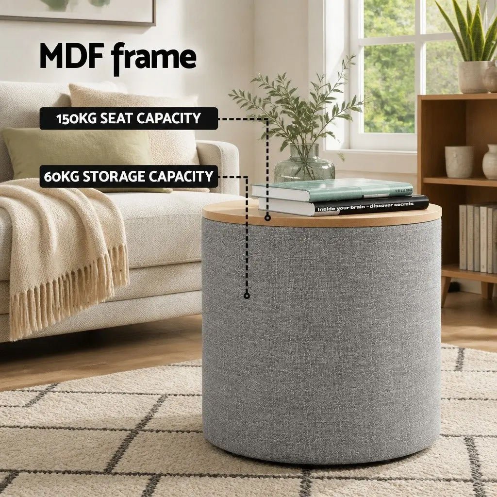 Round Storage Ottoman 40cm Removable Lid Concealed Storage Space Faux Linen Upholstery