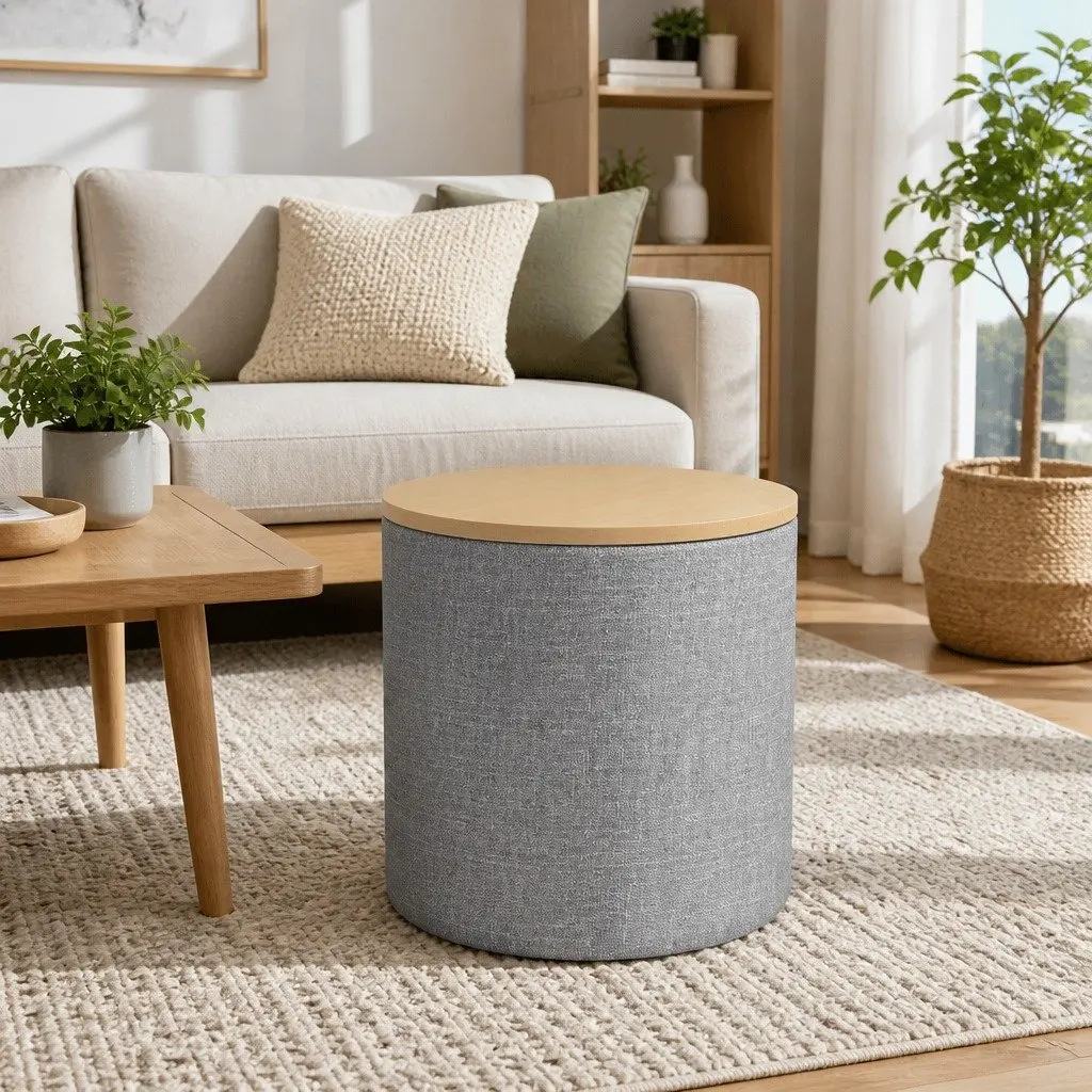 Round Storage Ottoman 40cm Removable Lid Concealed Storage Space Faux Linen Upholstery