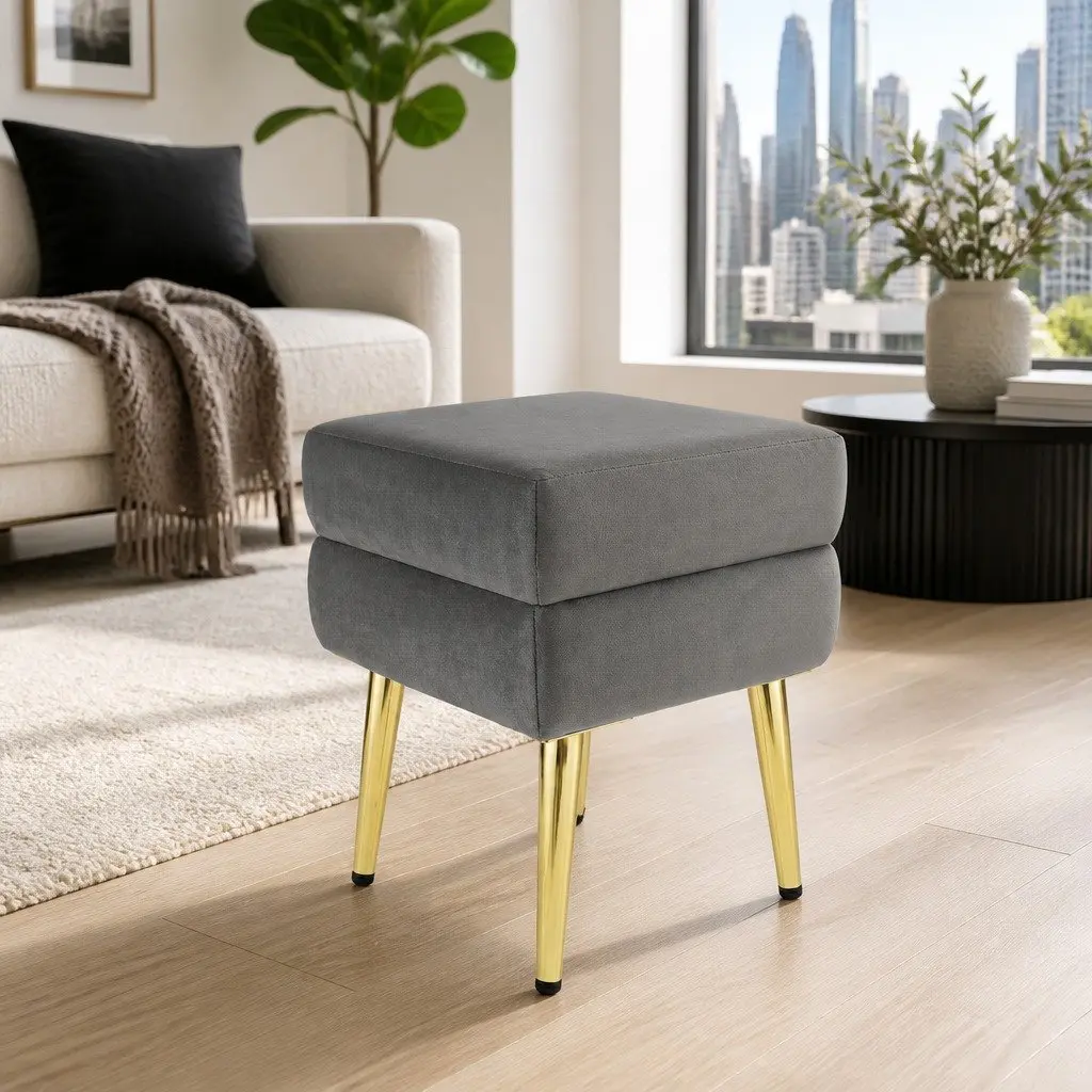 Ottoman Storage Footstool Grey Velvet Hinged Lid Plywood Frame Metal Legs