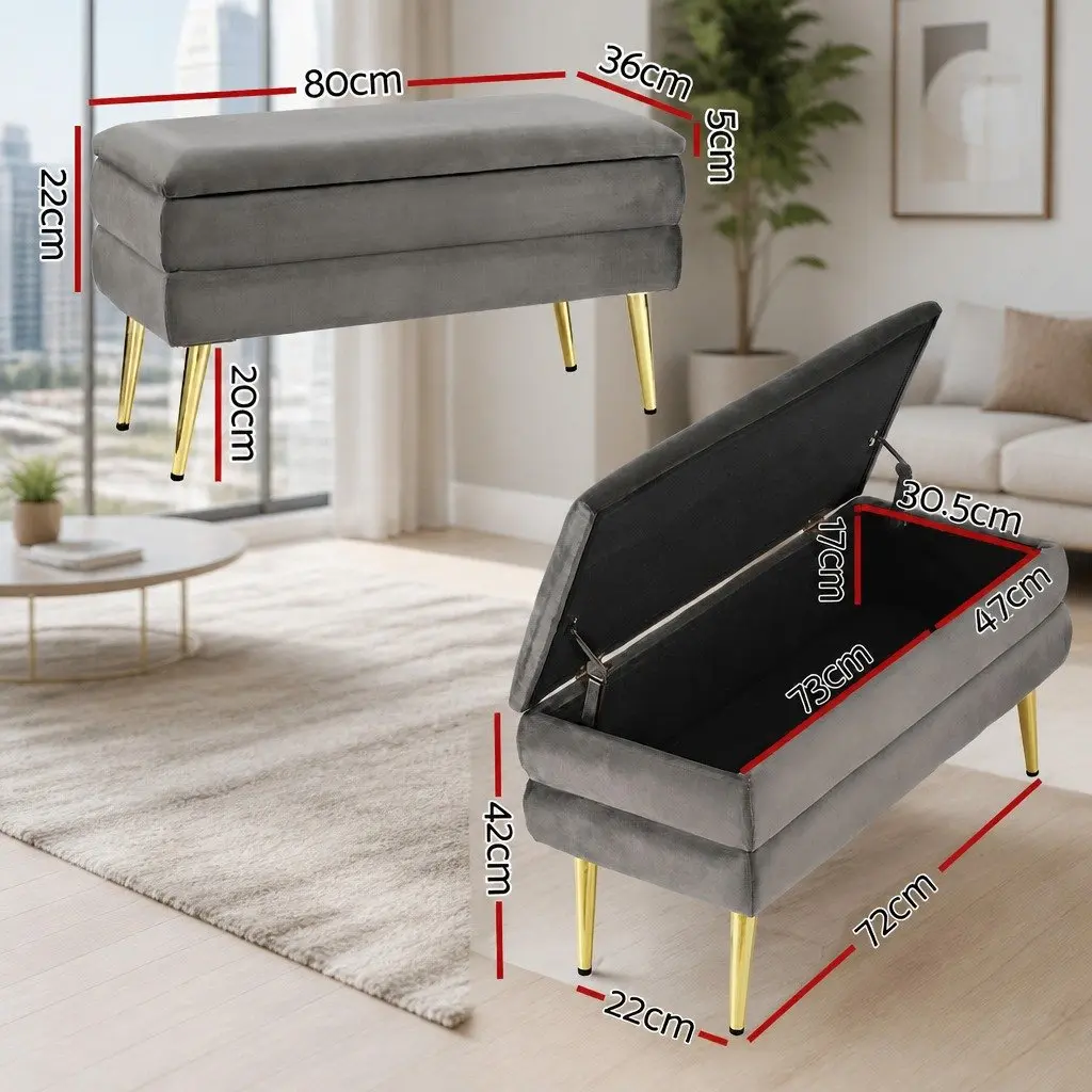 Ottoman Storage Footstool Grey Velvet Hinged Lid Plywood Frame Metal Legs