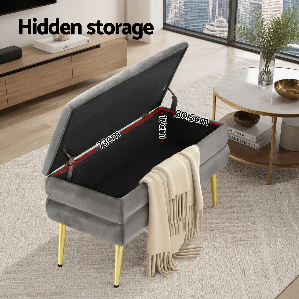 Ottoman Storage Footstool Grey Velvet Hinged Lid Plywood Frame Metal Legs