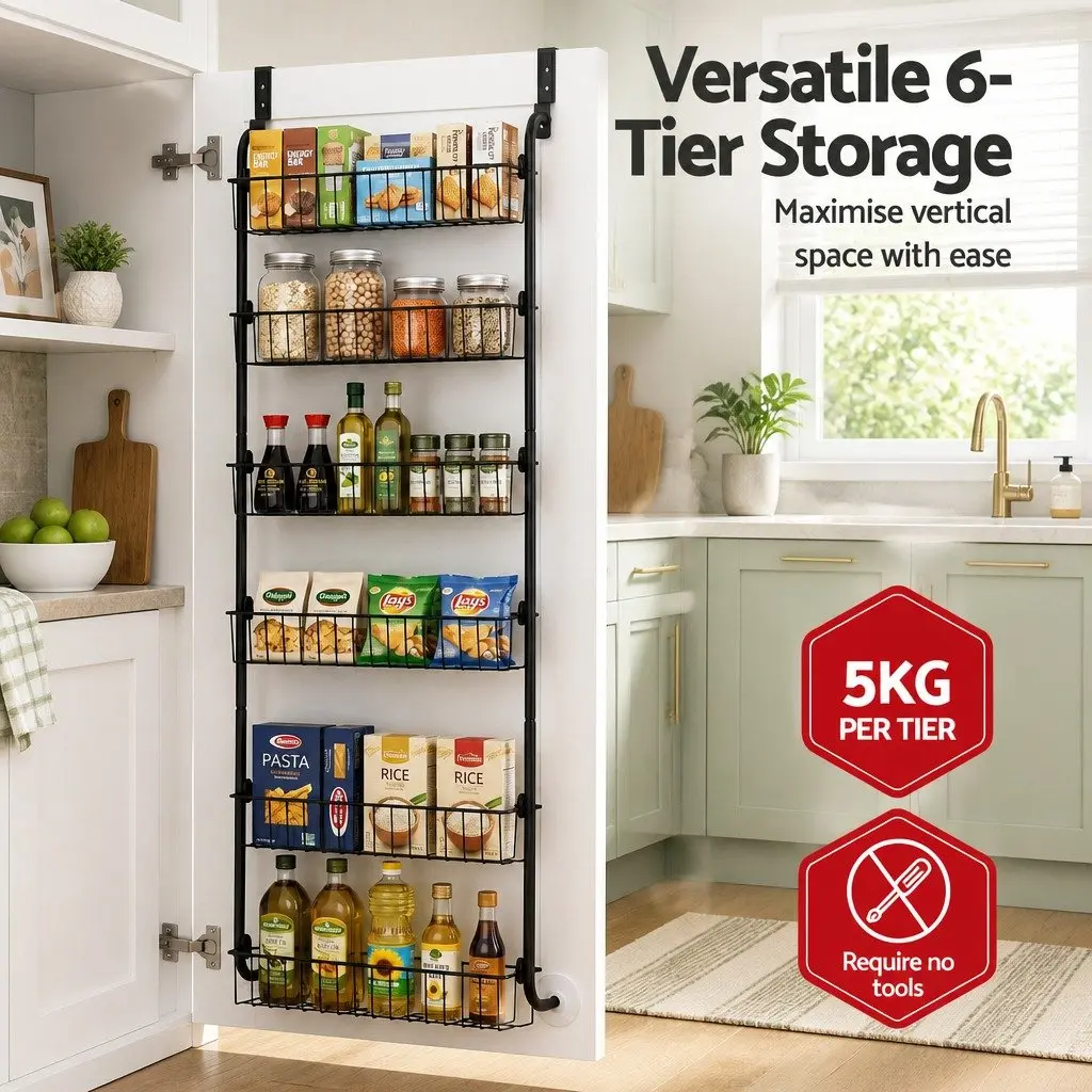Over Door Storage Organiser 6-Tier Metal Rack Hanger Hook Black Set of 2