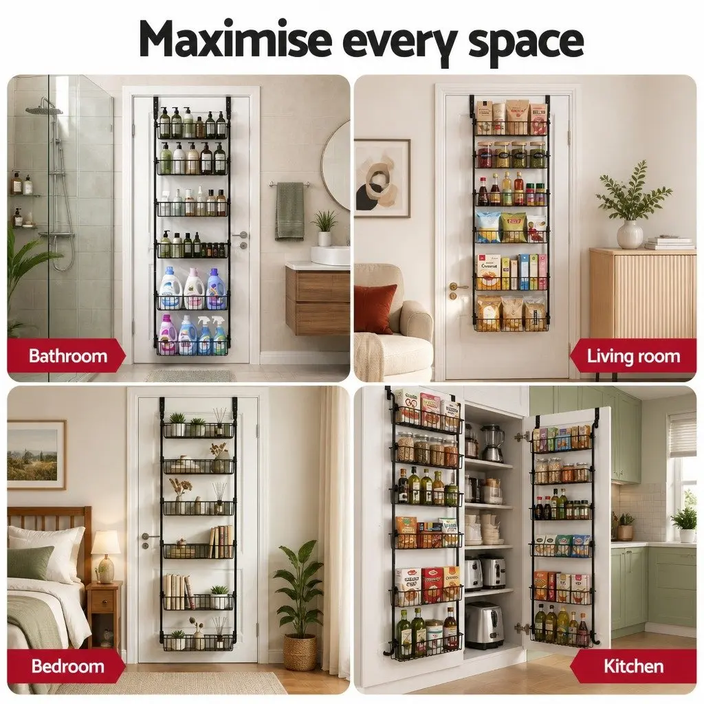 Over Door Storage Organiser 6-Tier Metal Rack Hanger Hook Black Set of 2