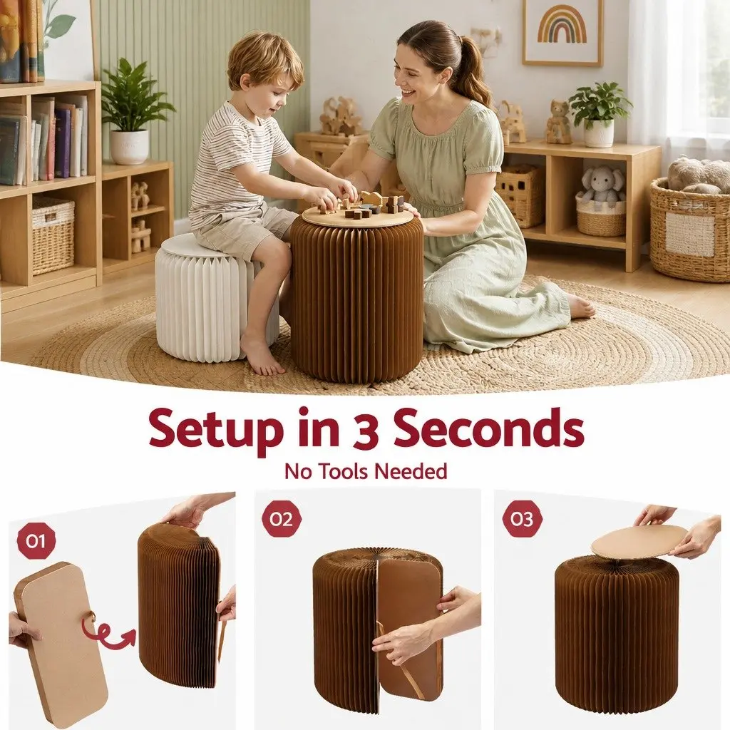 Accordion Folding Paper Stool Set 2 Cushions Modern Living Room Seating Solution