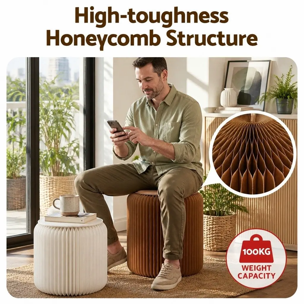 Accordion Folding Paper Stool Set 2 Cushions Modern Living Room Seating Solution
