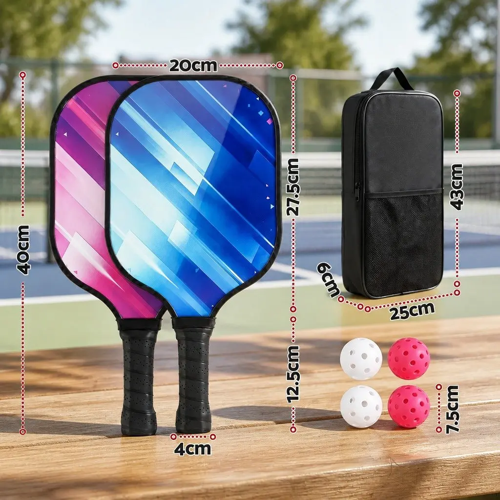Pickleball Paddle Set 2 Paddles Honeycomb Core Fibreglass Racquet with 4 Balls and Storage Bag