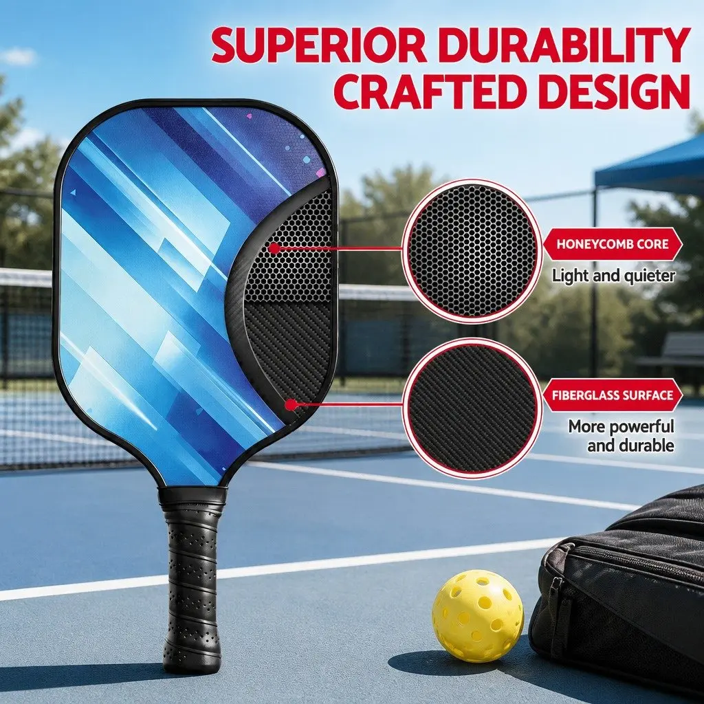 Pickleball Paddle Set 2 Paddles Honeycomb Core Fibreglass Racquet with 4 Balls and Storage Bag