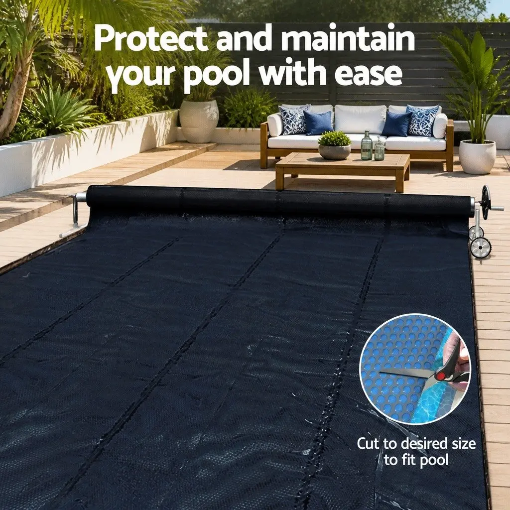 Pool Cover Solar Blanket 10x4m 600 Micron with Aluminium Roller 5.55m Black Blue