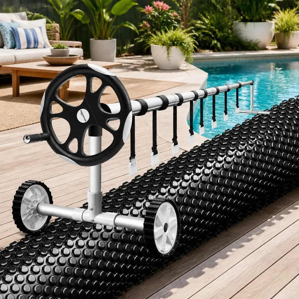Pool Cover Solar Blanket 10x4m 600 Micron with Aluminium Roller 5.55m Black Blue