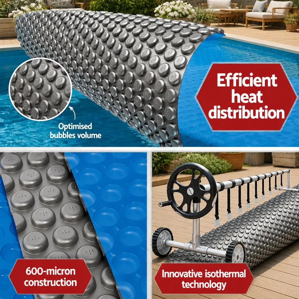 Solar Pool Cover 10.5x4.2m 600 Micron with Adjustable Aluminium Roller 5.55m