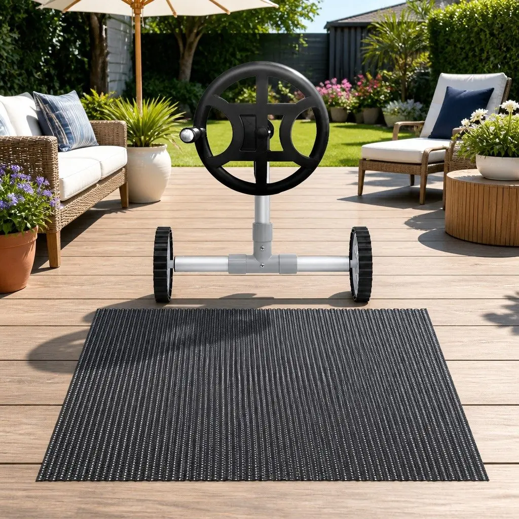 Solar Pool Cover 6.5m x 3m 600 Micron with Aluminium Roller and Crank Wheel Black