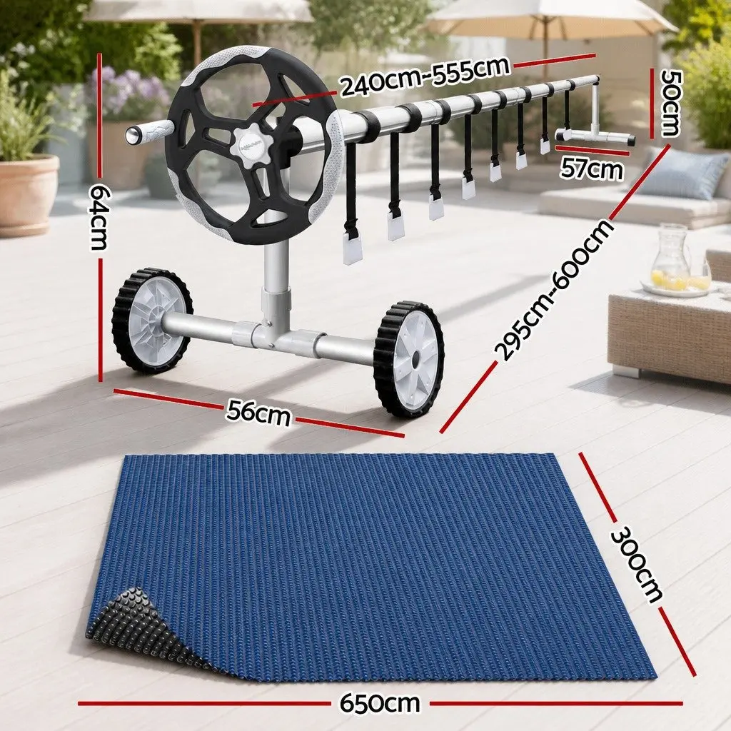 Solar Pool Cover 6.5m x 3m 600 Micron Black Blue with Adjustable Aluminium Roller 5.55m