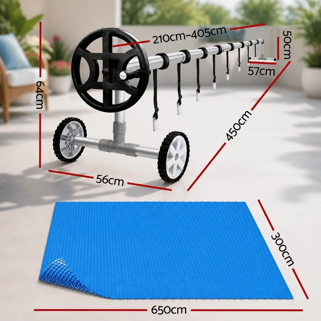 Pool Cover 6.5m x 3m Solar Blanket 600 Micron with Aluminium Roller Crank Wheel