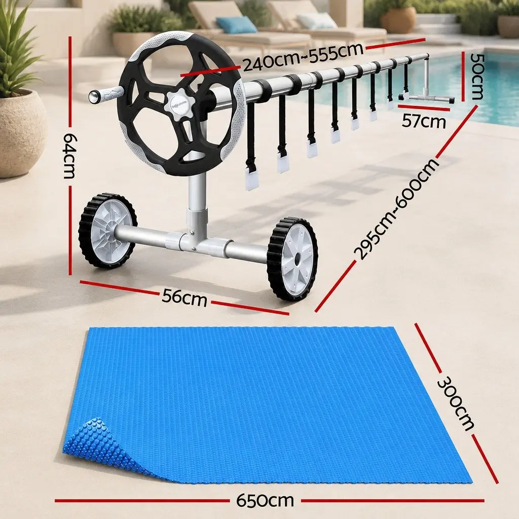 Solar Pool Cover 6.5x3m 600 Micron with Aluminium Roller 5.55m Wide Blue Bubble