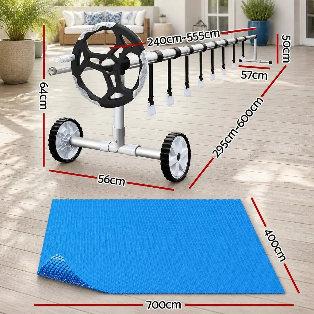 Solar Pool Cover 7x4m 600 Micron with Adjustable Aluminium Roller System