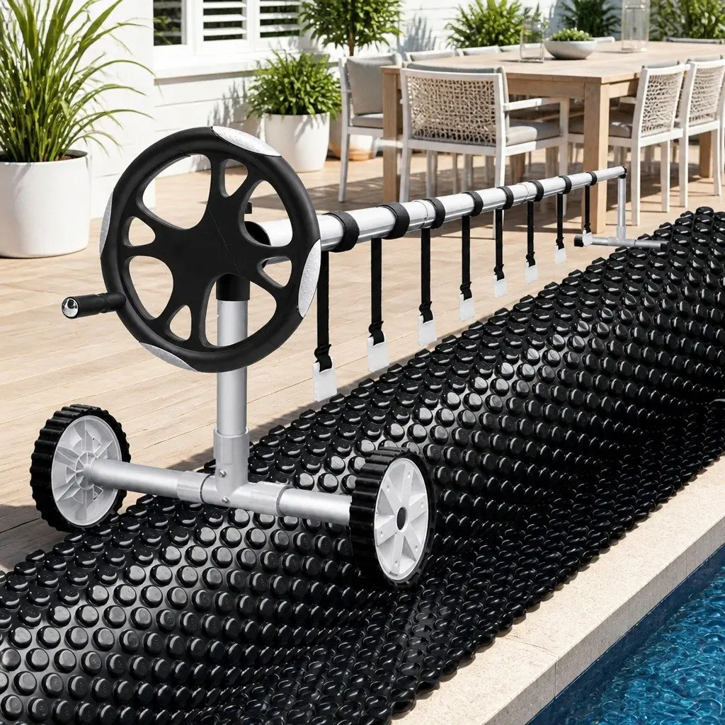 Pool Cover 7x4m Solar Blanket 600 Micron with Aluminium Roller Adjustable 5.55m