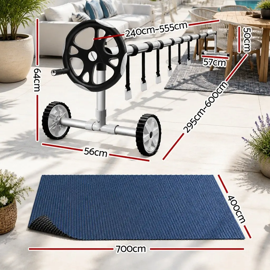 Pool Cover 7x4m Solar Blanket 600 Micron with Aluminium Roller Adjustable 5.55m
