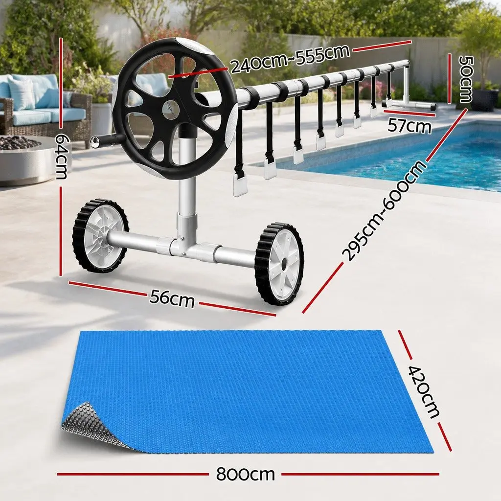 Solar Pool Cover 8x4.2m 600 Micron Heat Blanket with Adjustable Aluminium Roller 5.55m