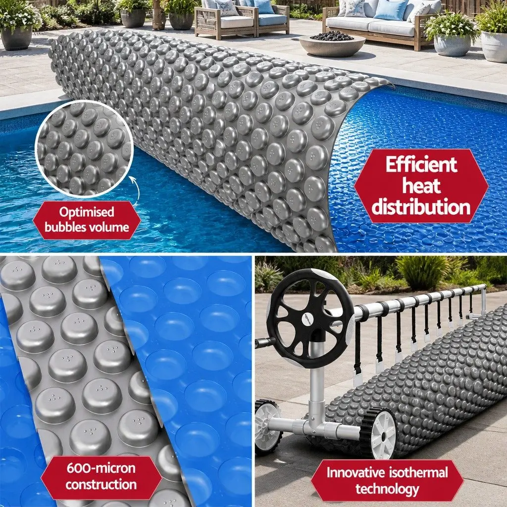 Solar Pool Cover 8x4.2m 600 Micron Heat Blanket with Adjustable Aluminium Roller 5.55m