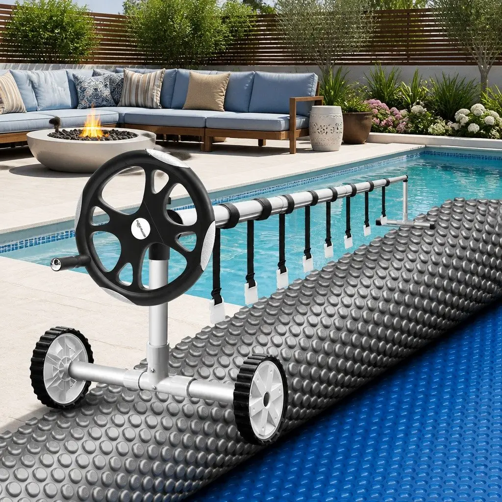 Solar Pool Cover 8x4.2m 600 Micron Heat Blanket with Adjustable Aluminium Roller 5.55m