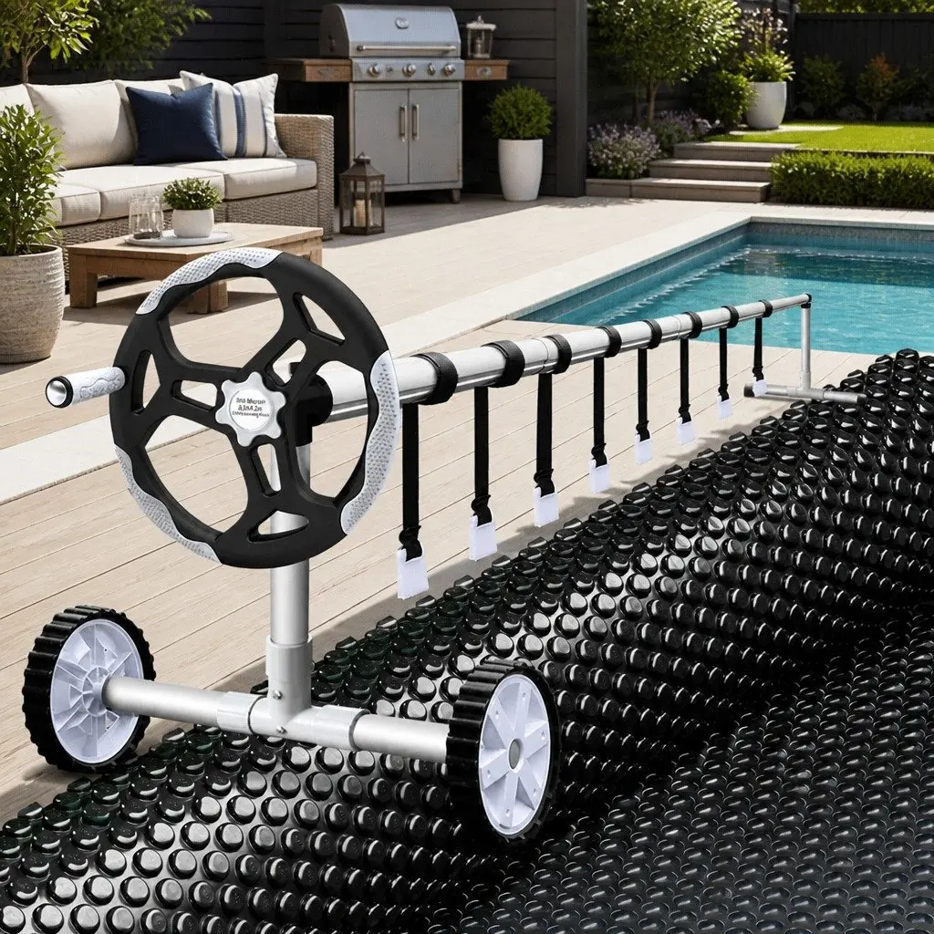 Solar Pool Cover 8.5x4.2m 600 Micron with Aluminium Roller 5.55m Blanket Heating