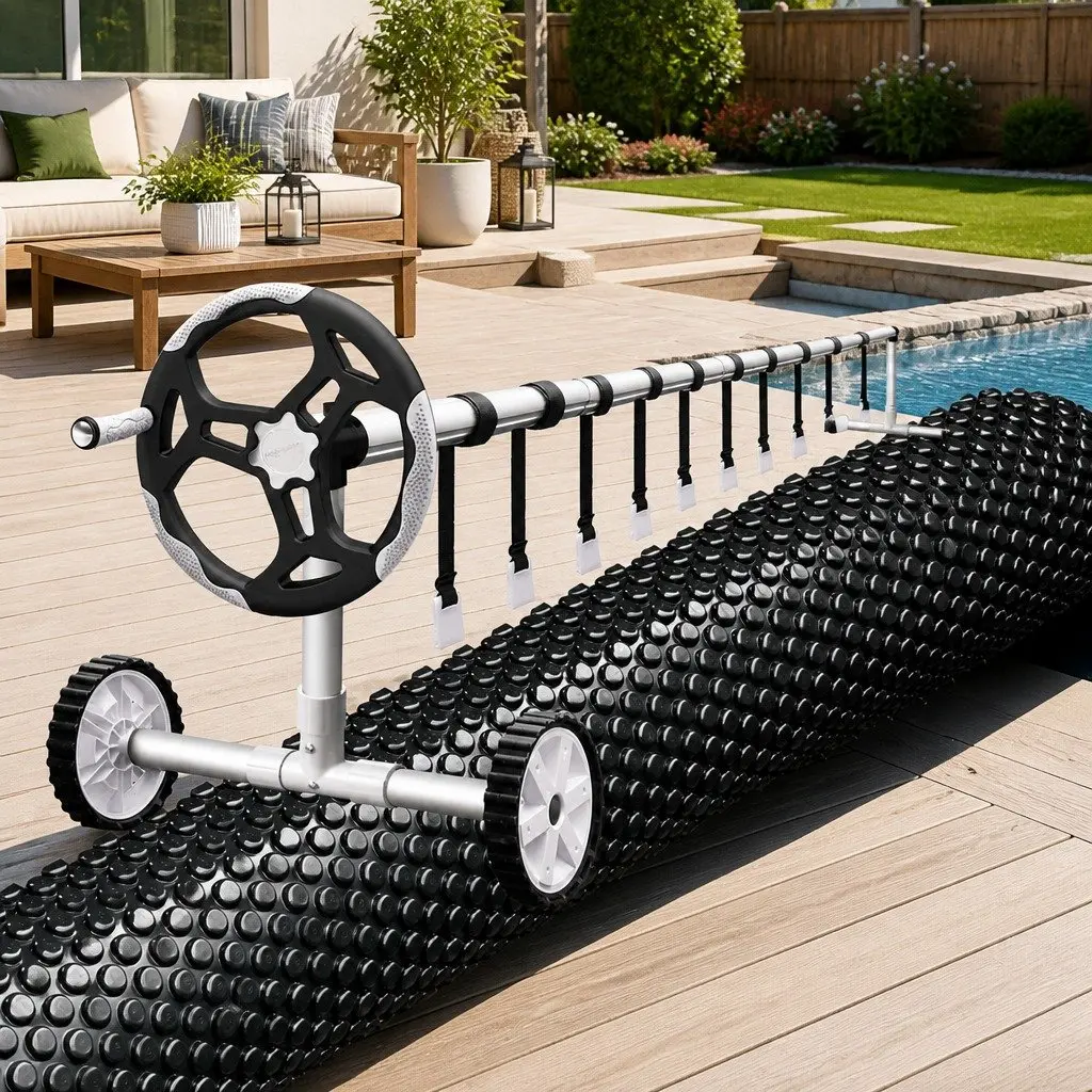 Solar Pool Cover 8.5x4.2m 600 Micron with Aluminium Roller 5.55m Blanket Heating