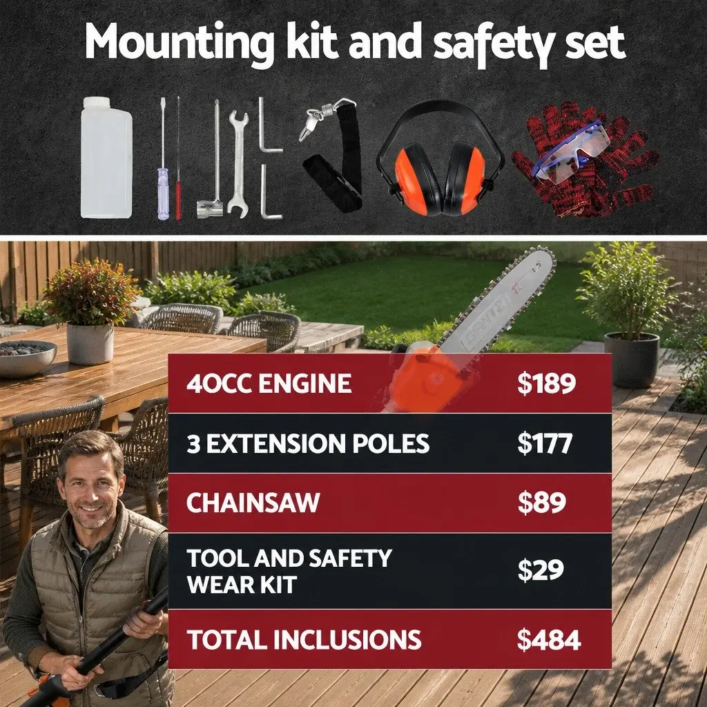 4 Stroke Pole Chainsaw 12 Inch 31cc Engine 7 in 1 Multi Tool with Extension Poles and Attachments