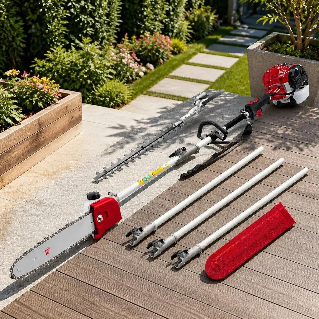 Petrol Pole Chainsaw 52cc 2-in-1 Hedge Trimmer with 12 Inch Bar and Three Extension Poles for High-Reach Cutting Tasks