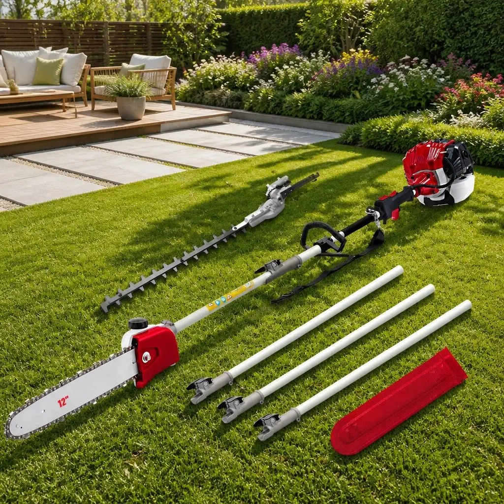 Petrol Pole Chainsaw 52cc 2-in-1 Hedge Trimmer with 12 Inch Bar and Three Extension Poles for High-Reach Cutting Tasks