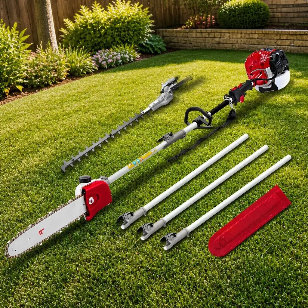 Petrol Pole Chainsaw 52cc 2-in-1 Hedge Trimmer with 12 Inch Bar and Three Extension Poles for High-Reach Cutting Tasks