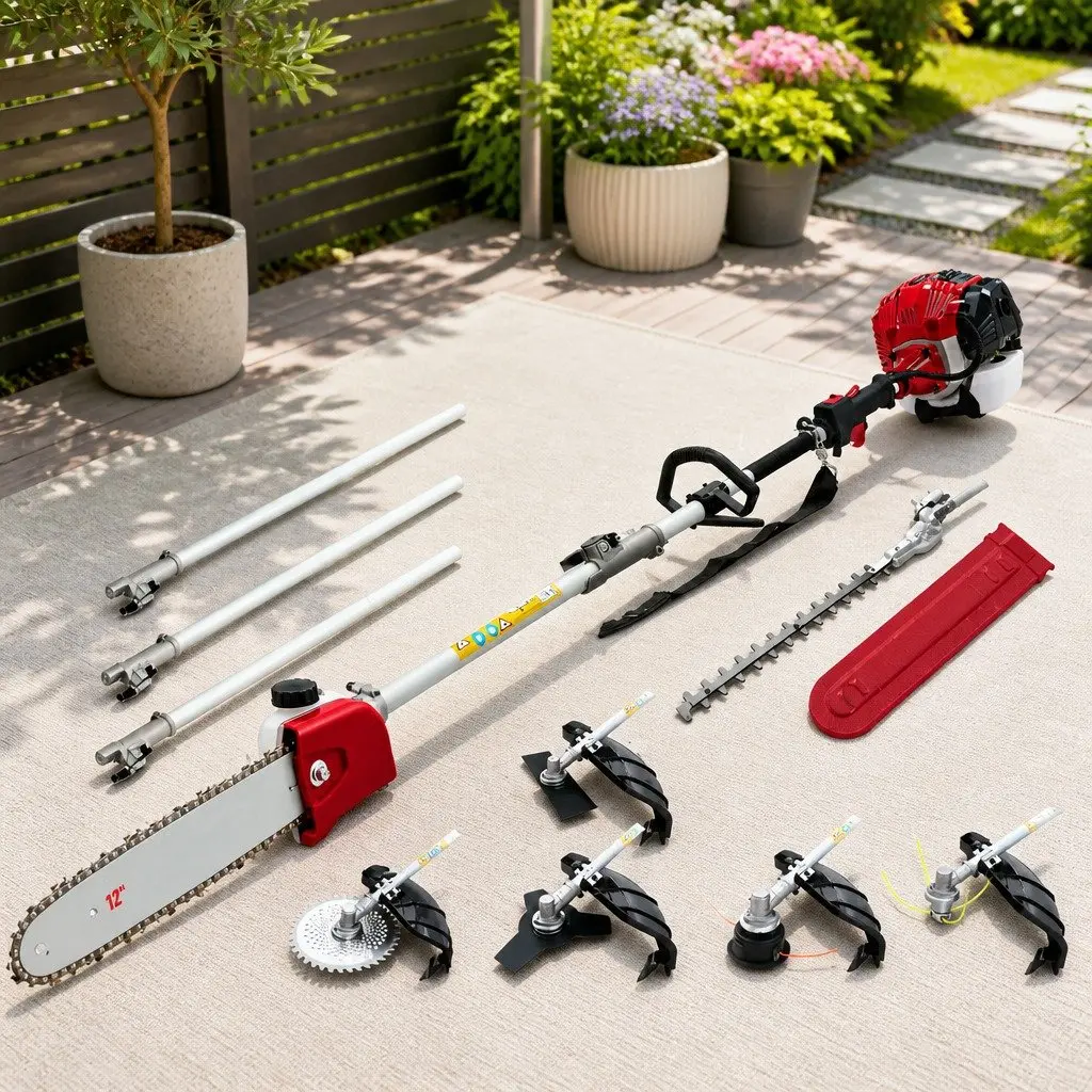 Pole Chainsaw 52cc 7 in 1 Petrol Multi-Tool with Hedge Trimmer Brush Cutter and Extension Poles