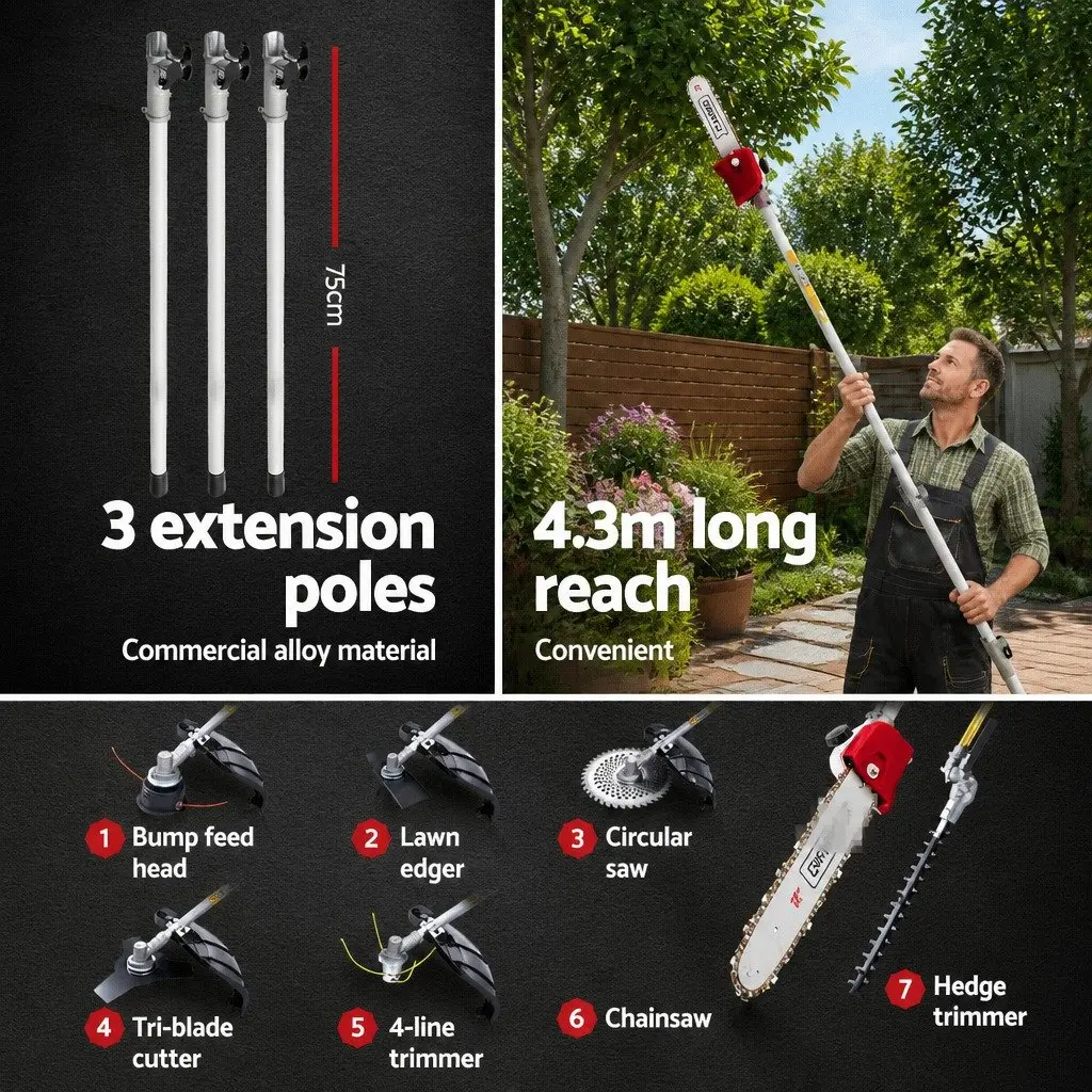 Pole Chainsaw 52cc 7 in 1 Petrol Multi-Tool with Hedge Trimmer Brush Cutter and Extension Poles